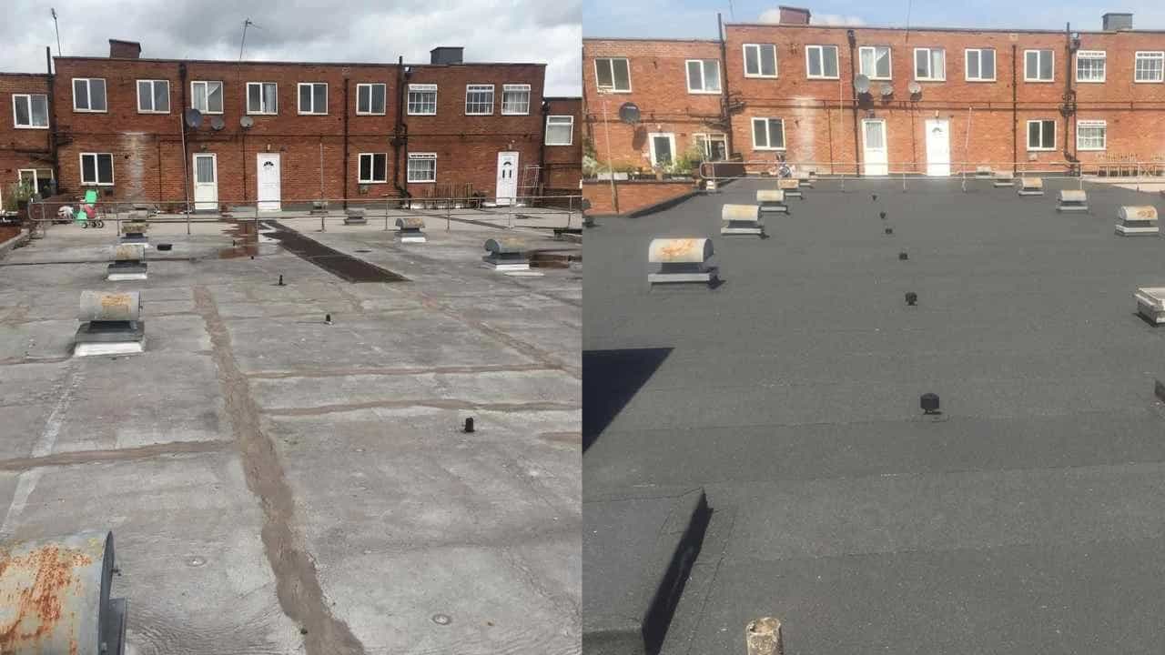 Before: Cracked membrane. After: Clean, modern EPDM system.