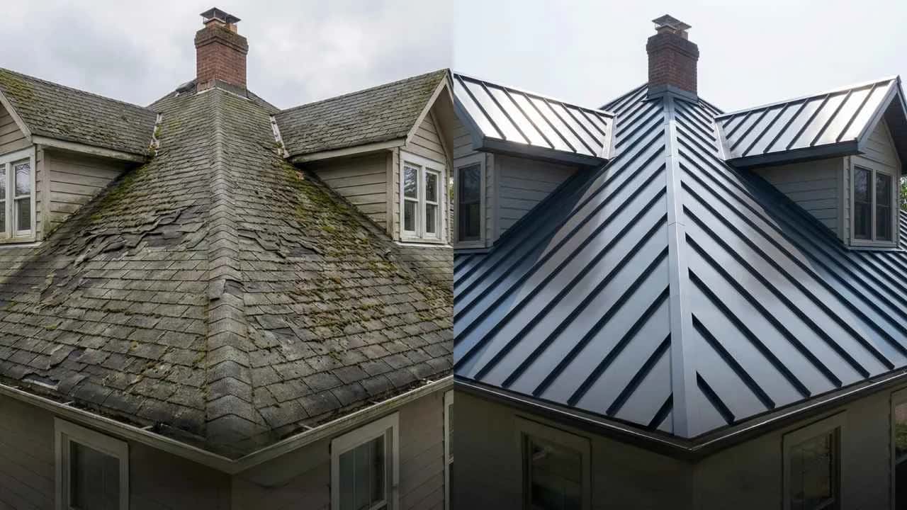 Before: Old, worn shingles and worry. After: Beautiful metal roof, peace for life.